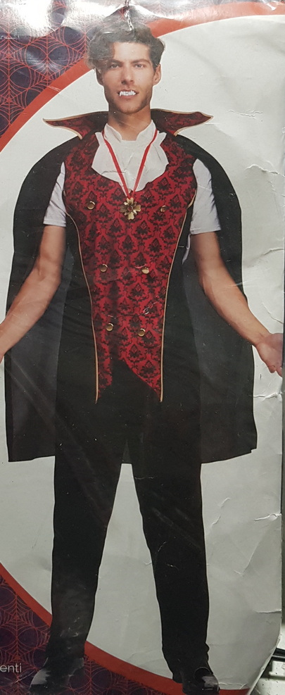 Carnival Costume Dracula Vest Pants Cap Medallion Teeth Large